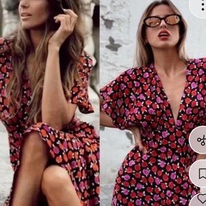 Zara Black Floral midi dress with Red and Pink Accents